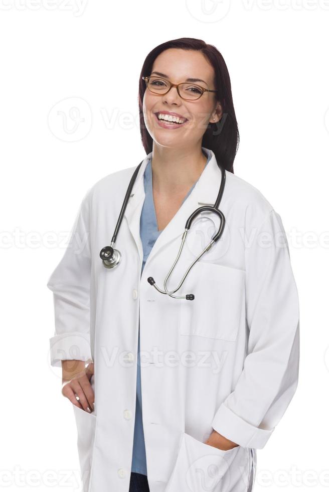 Mixed Race Female Nurse or Doctor Wearing Scrubs and Stethoscope photo