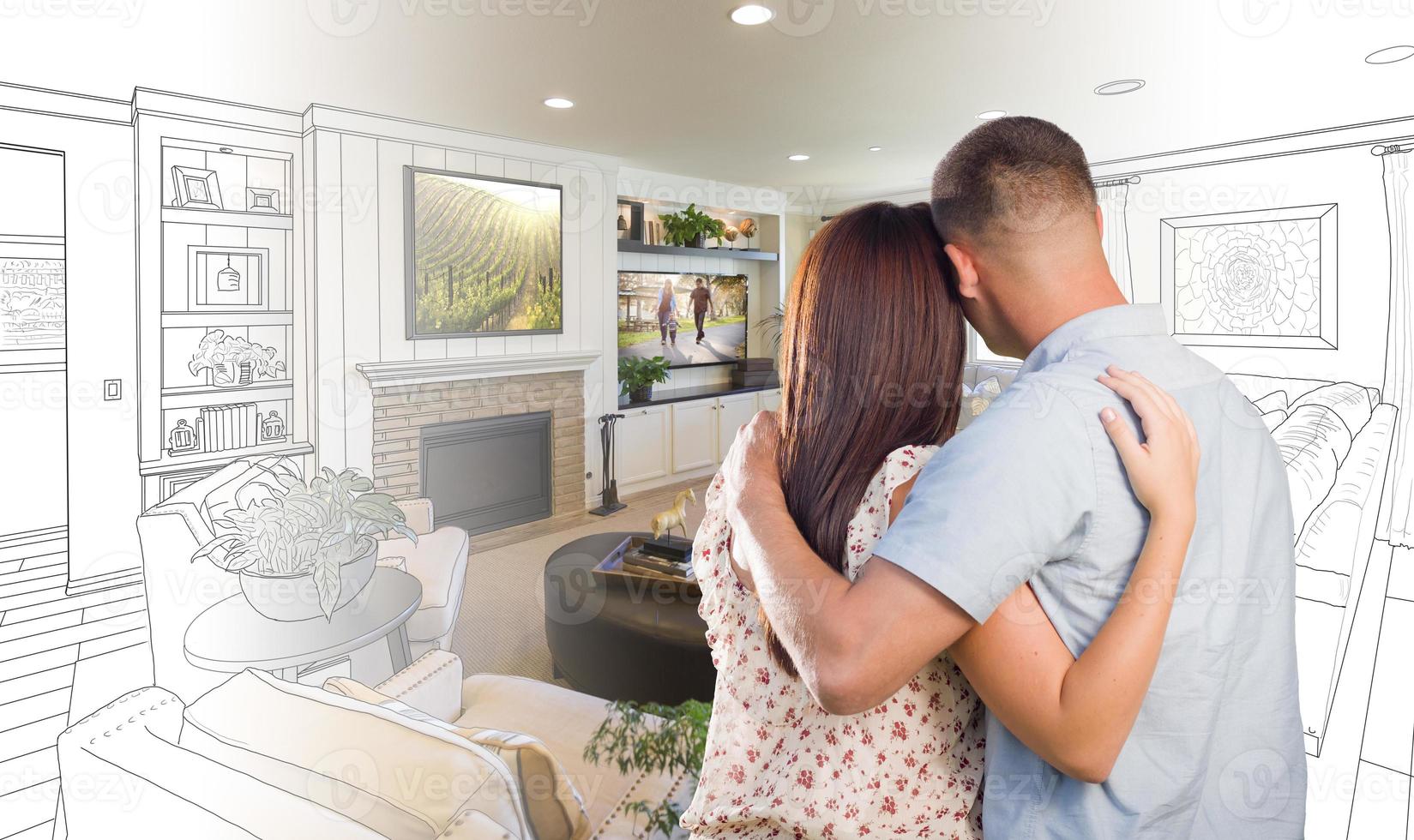 Military Couple Looking Over Living Room Design Drawing Photo Combination