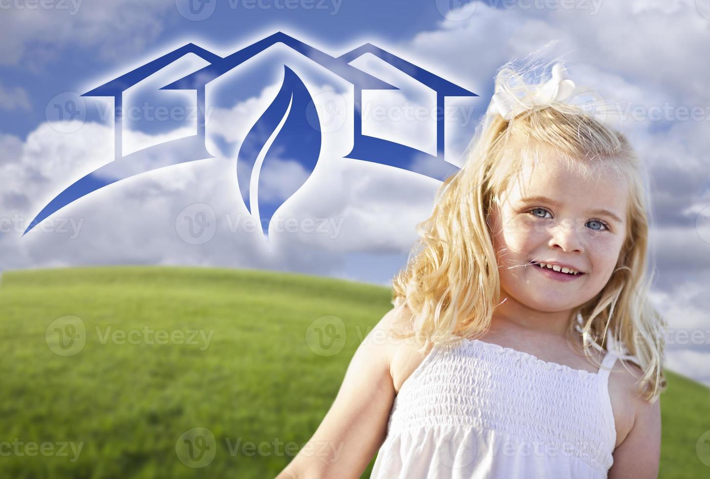 Blue Eyed Girl Playing Outside with Ghosted Green House Graphic photo