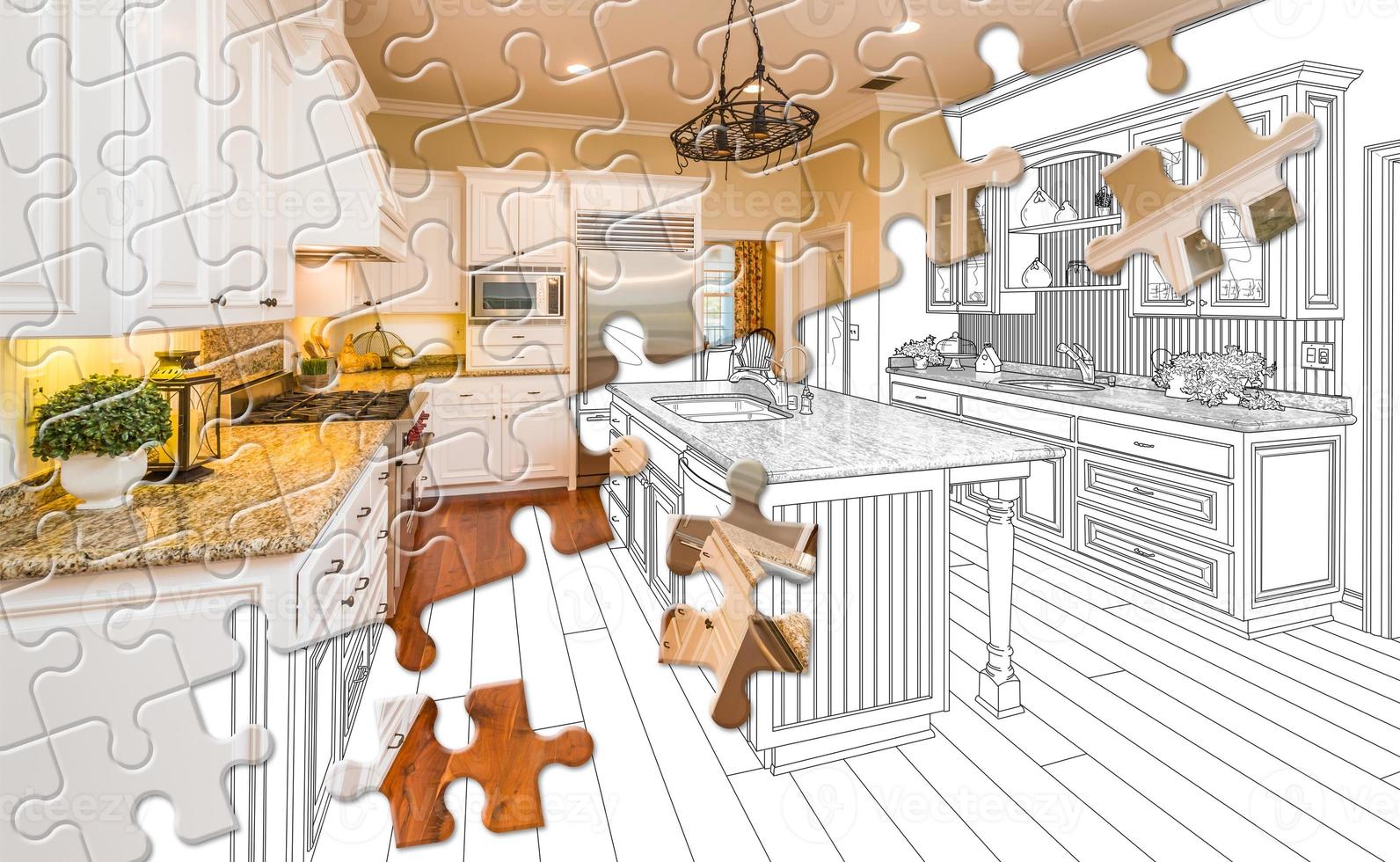 Puzzle Pieces Fitting Together Revealing Finished Kitchen Build Over Drawing photo