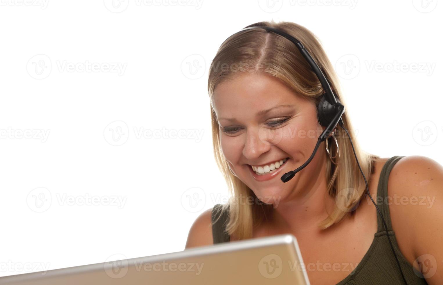 Beautiful Friendly Customer Support Girl and Computer photo