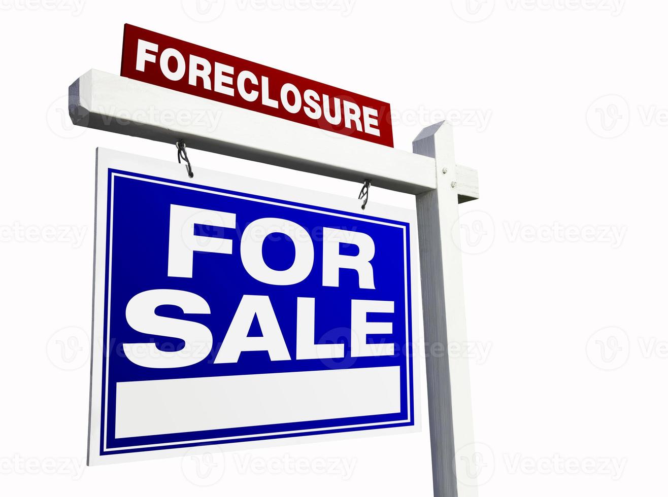 Blue Foreclosure Real Estate Sign on White. photo