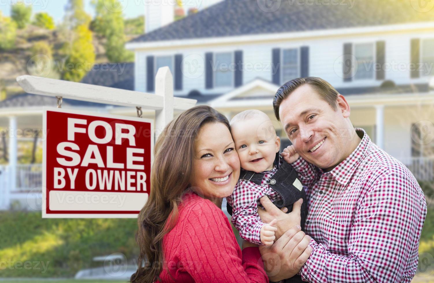 Family In Front of For Sale By Owner Sign, House photo
