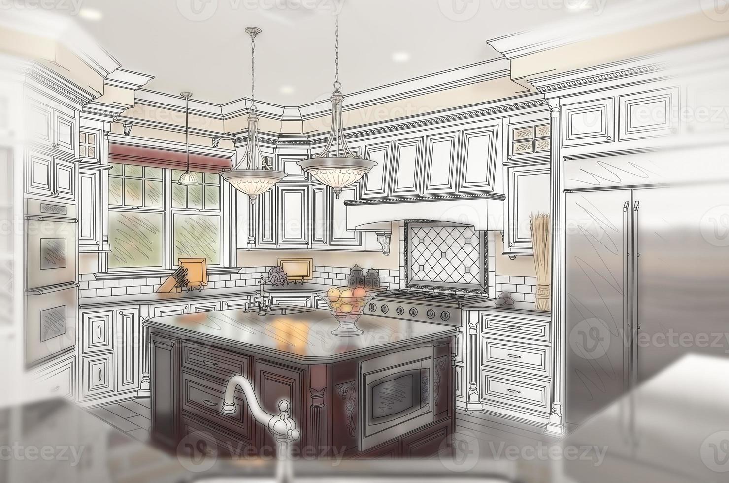 Beautiful Custom Kitchen Design Drawing with Ghosted Photo Behind