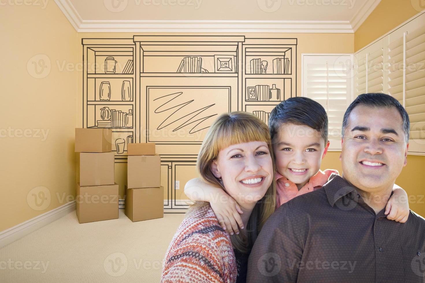 Mixed Race Family In Room With Drawing of Entertainment Unit photo