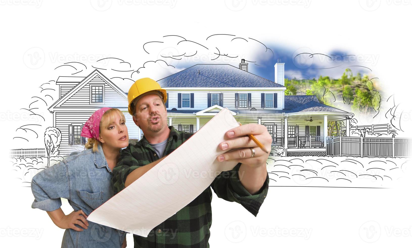 Woman with Contractor Over House Drawing and Photo on White