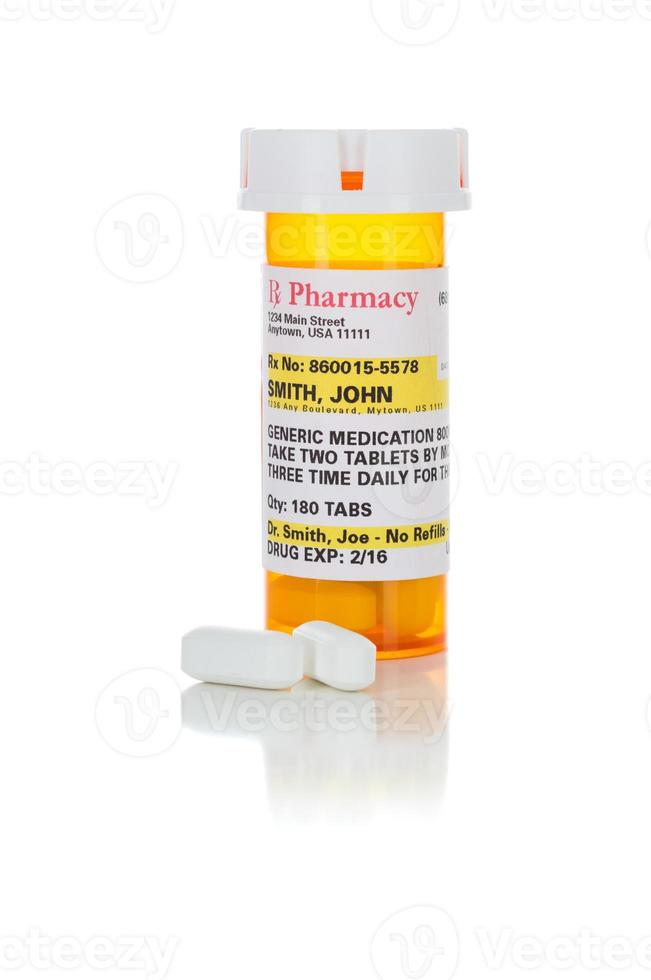 Non-Proprietary Medicine Prescription Bottle and Pills Isolated on White photo