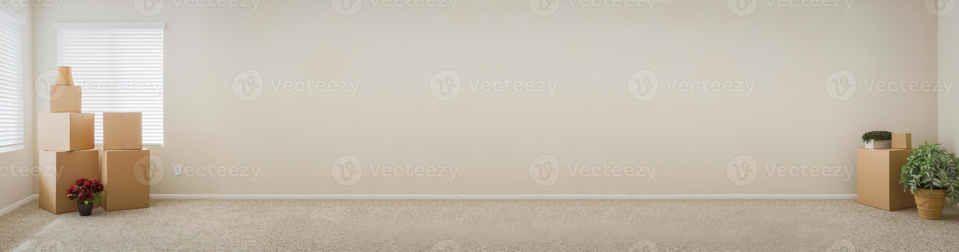 Banner of Empty Room with Blank Wall, Boxes and Plants. photo