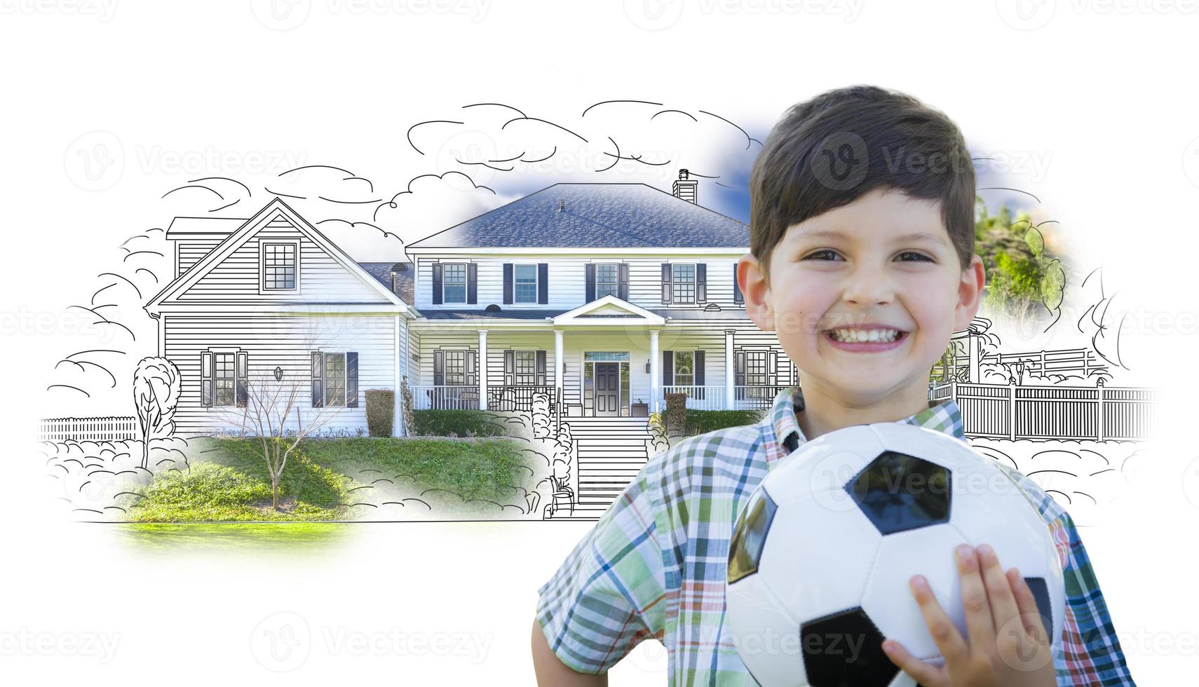 Boy Holding Soccer Ball In Front of House Sketch Photo