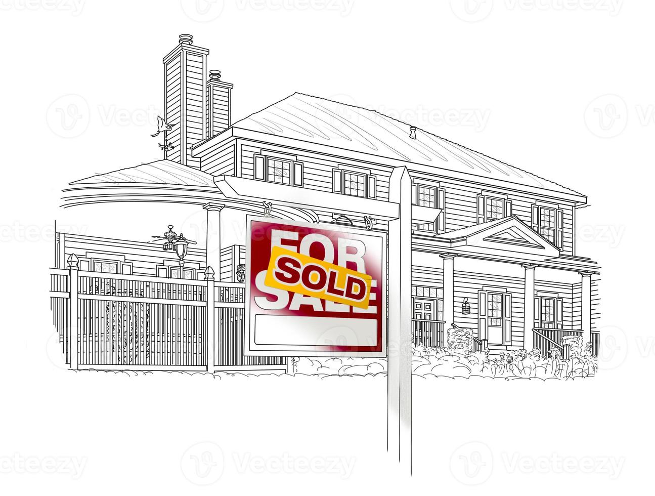 Custom House and Sold Real Estate Sign Drawing on White photo