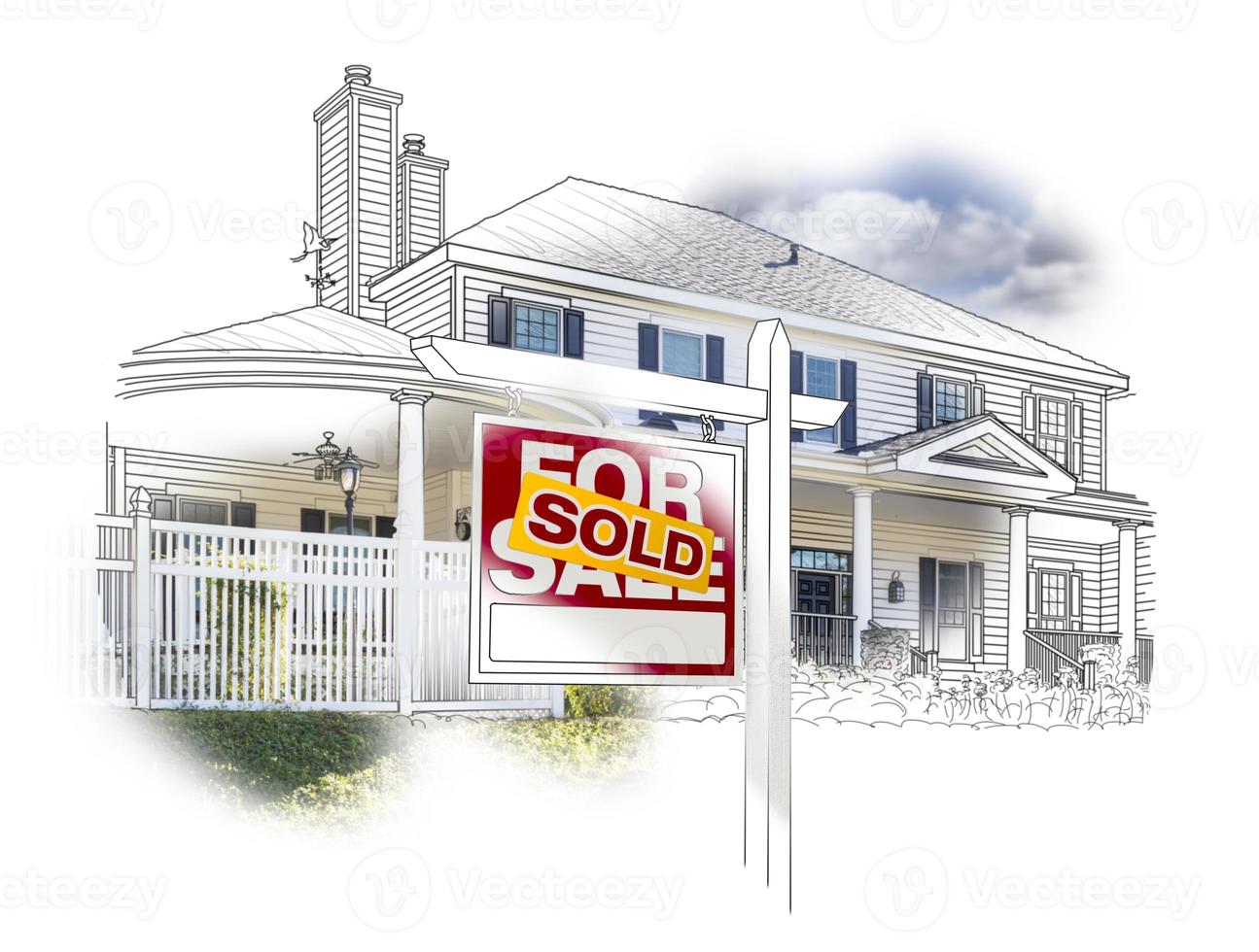 House and Sold Sign Drawing and Photo on White