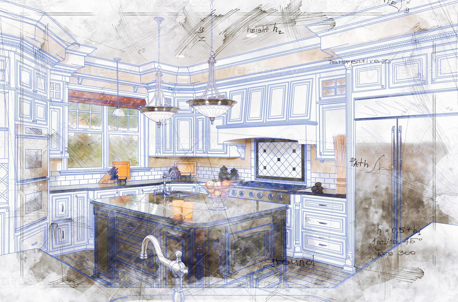 Beautiful Custom Kitchen Design Drawing Illustration Details photo