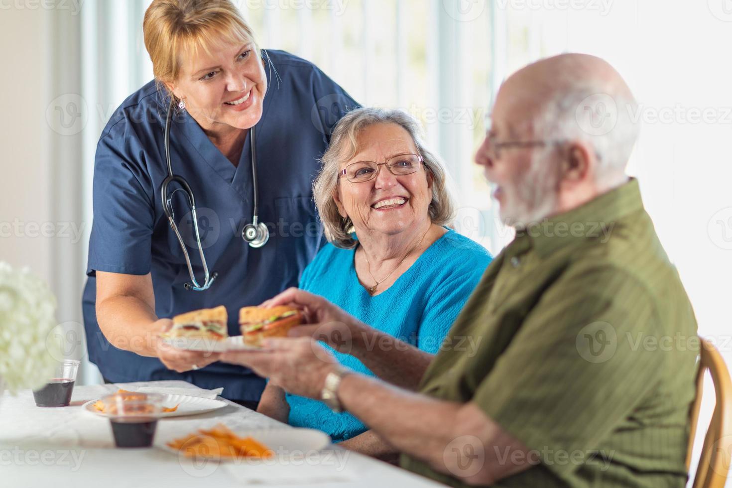 Female Doctor or Nurse Serving Senior Adult Couple Sandwiches at Table photo