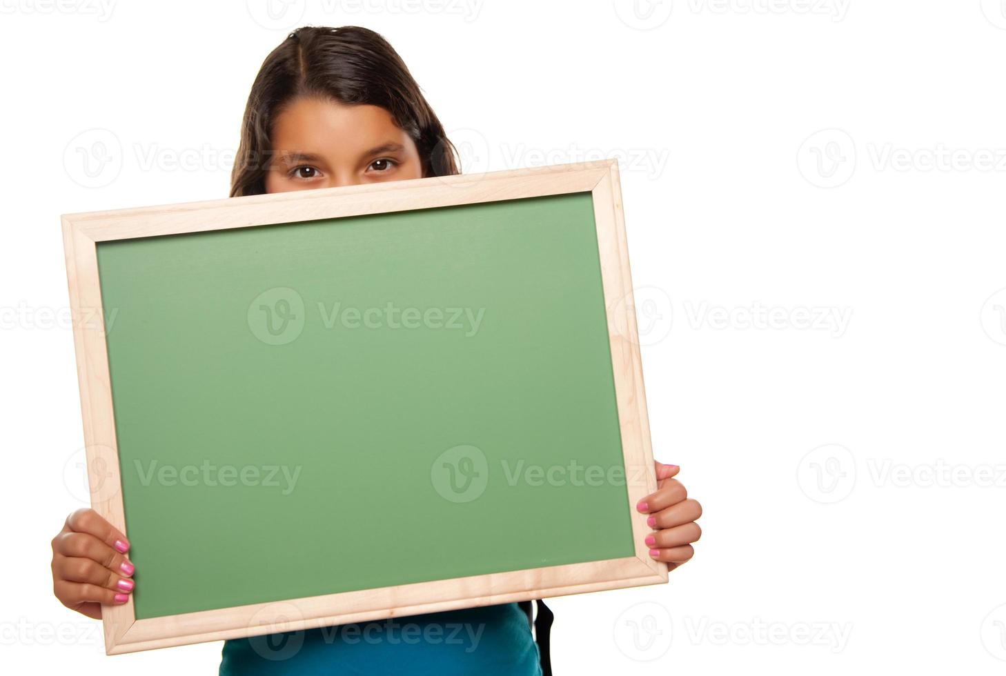 Pretty Hispanic Girl Holding Blank Chalkboard photo