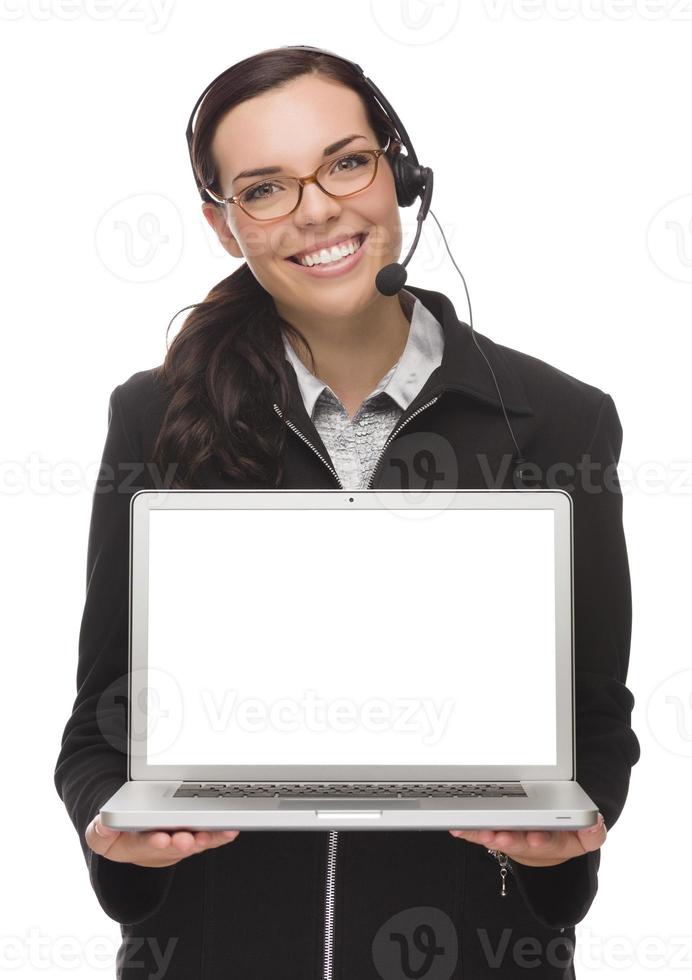 Mixed Race Businesswoman Wearing Headset Holds Computer With Blank Screen photo