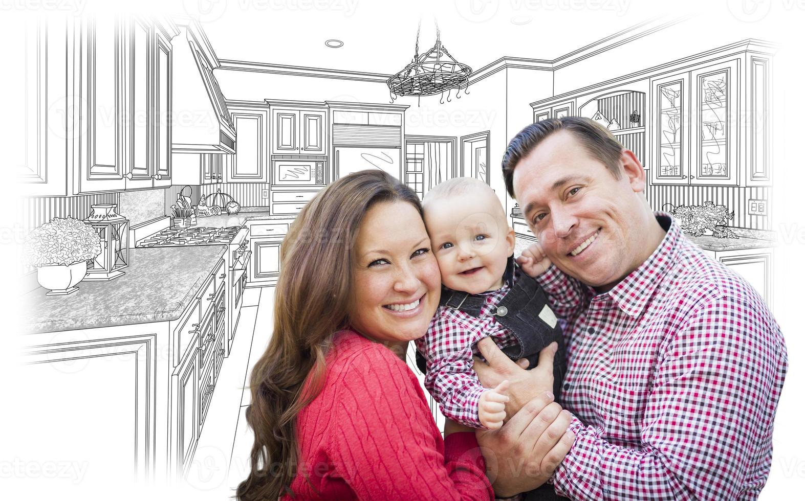 Young Family Over Custom Kitchen and Design Drawing photo