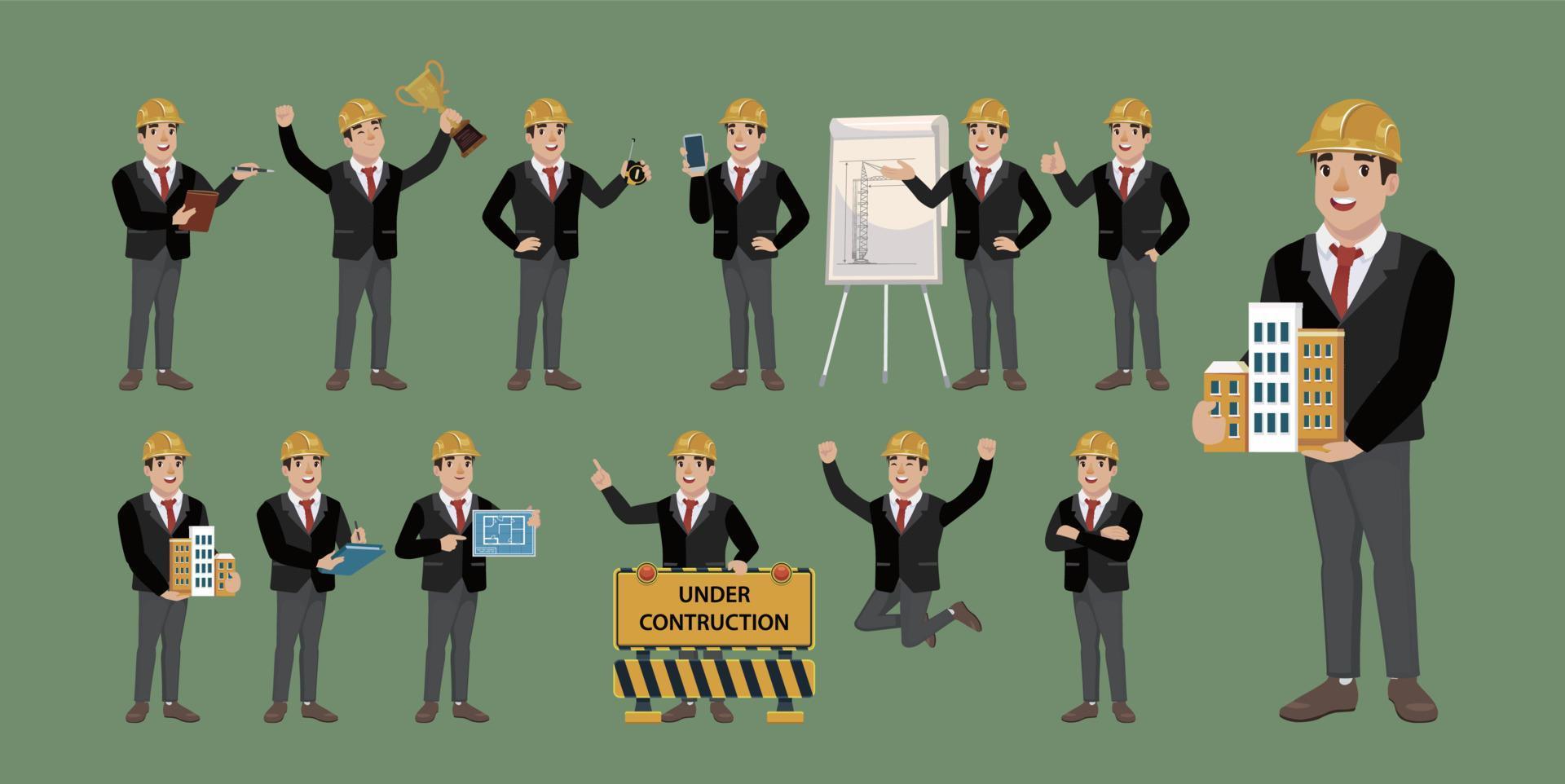 Set of engineer with different poses vector