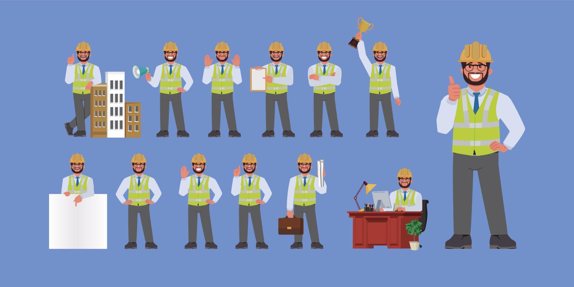 Set of flat engineer with different poses vector