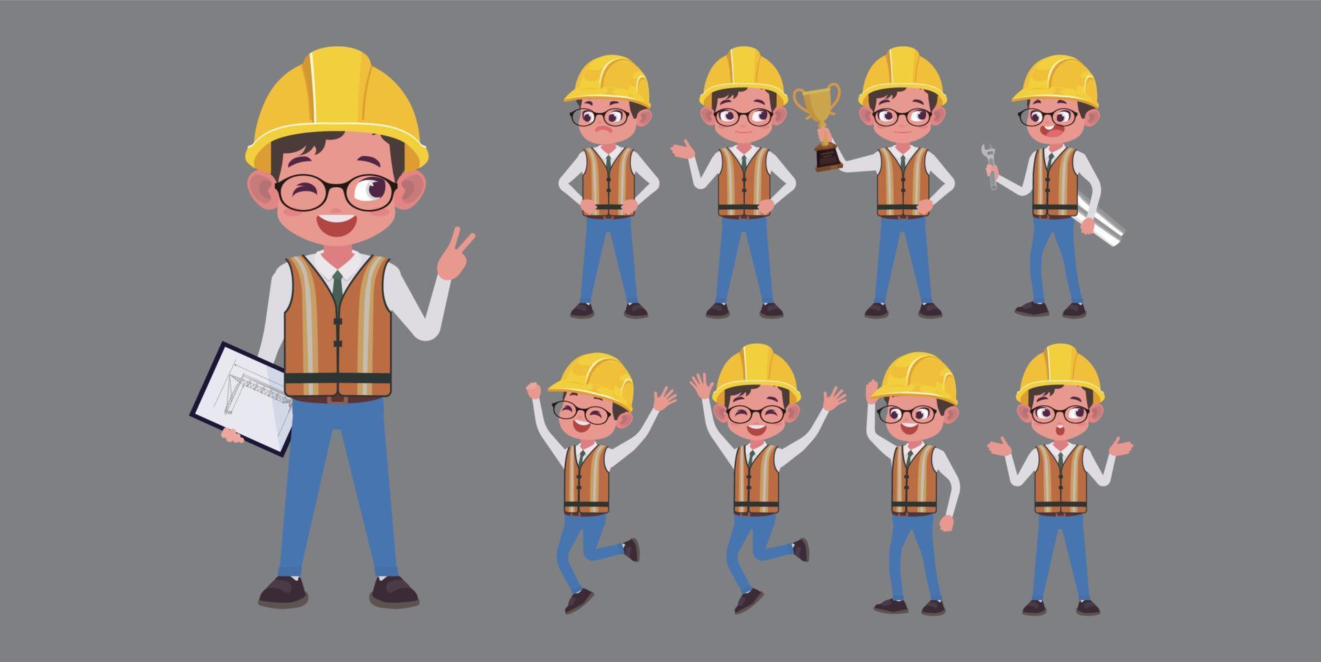 Set of flat engineer with different poses vector