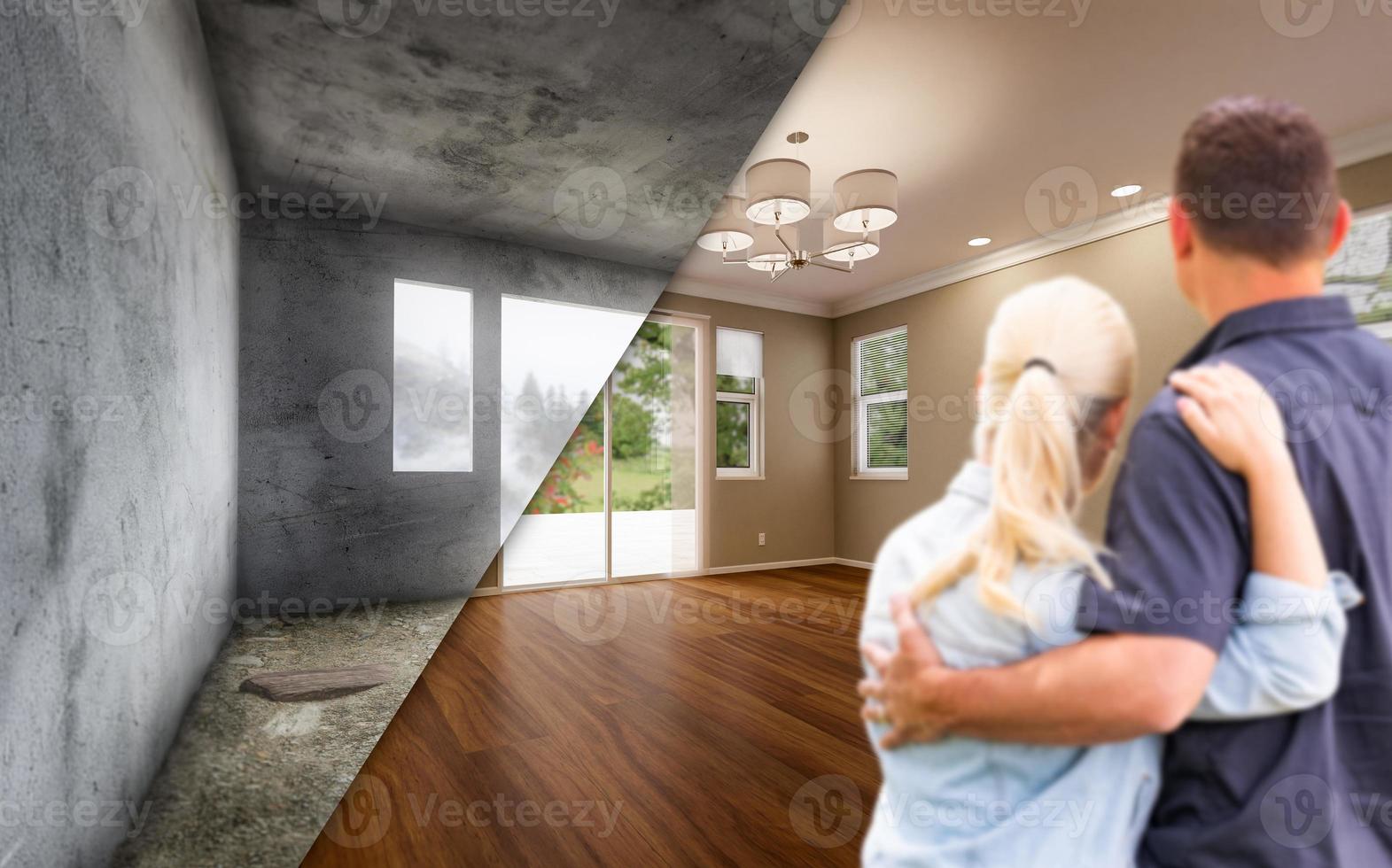 Young Adult Couple Looking At Before and After Remodelling of Empty Room In House. photo