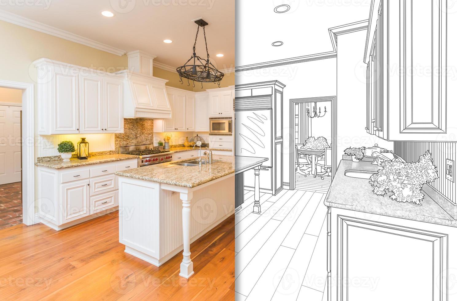 Split Screen Of Drawing and Photo of New Kitchen