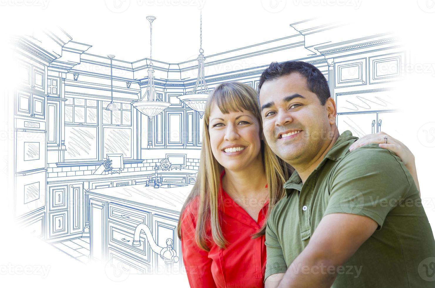 Mixed Race Couple Over Kitchen Design Drawing on White photo