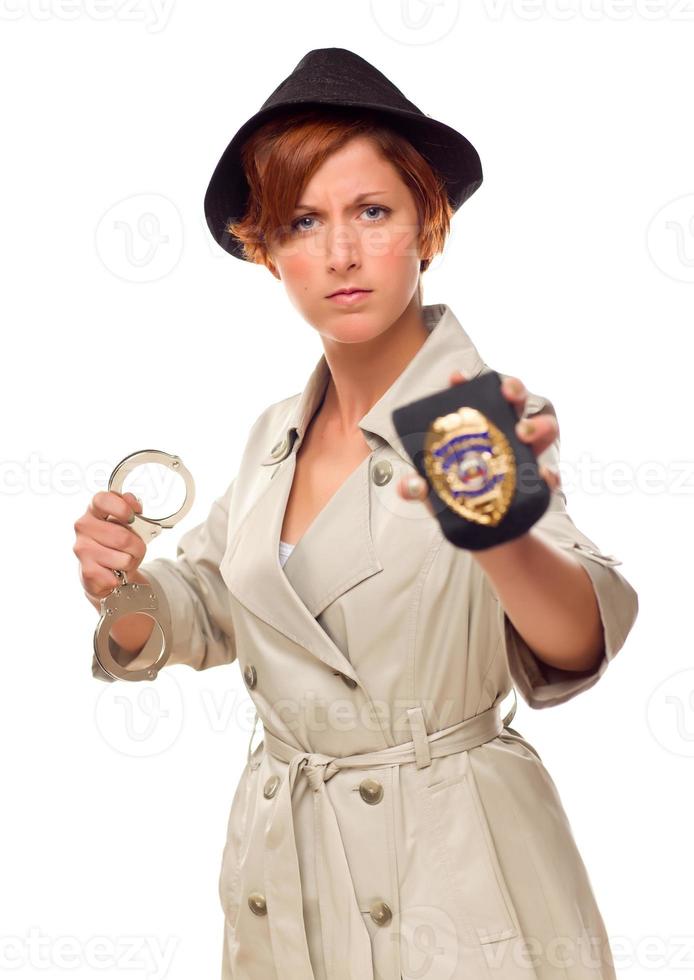 Red Haired Female Detective With Handcuffs and Badge In Trenchcoat. photo