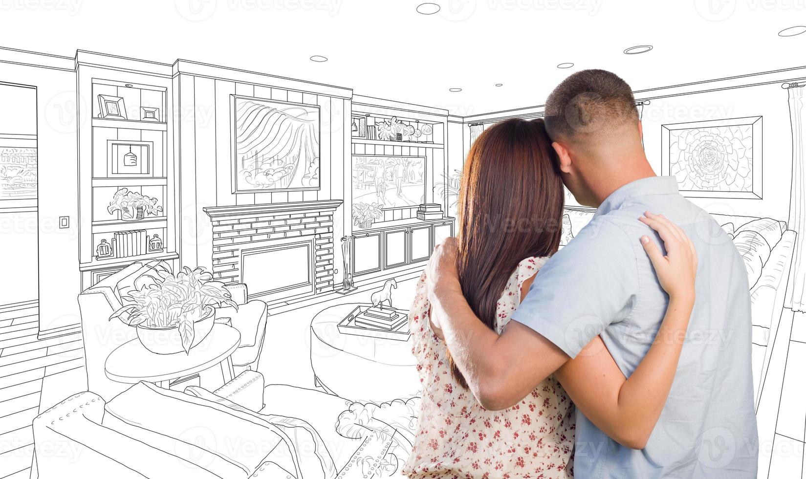 Military Couple Looking Over Custom Living Room Design Drawing photo