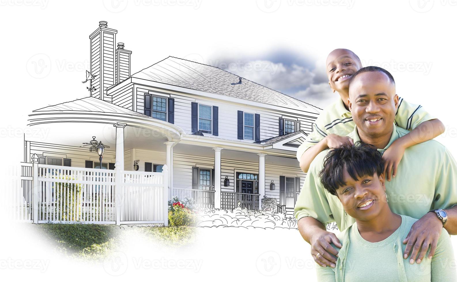 African American Family Over House Drawing and Photo on White