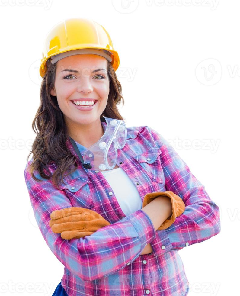 Female Construction Worker Wearing Gloves, Hard Hat and Protective Goggles Isolated on White photo