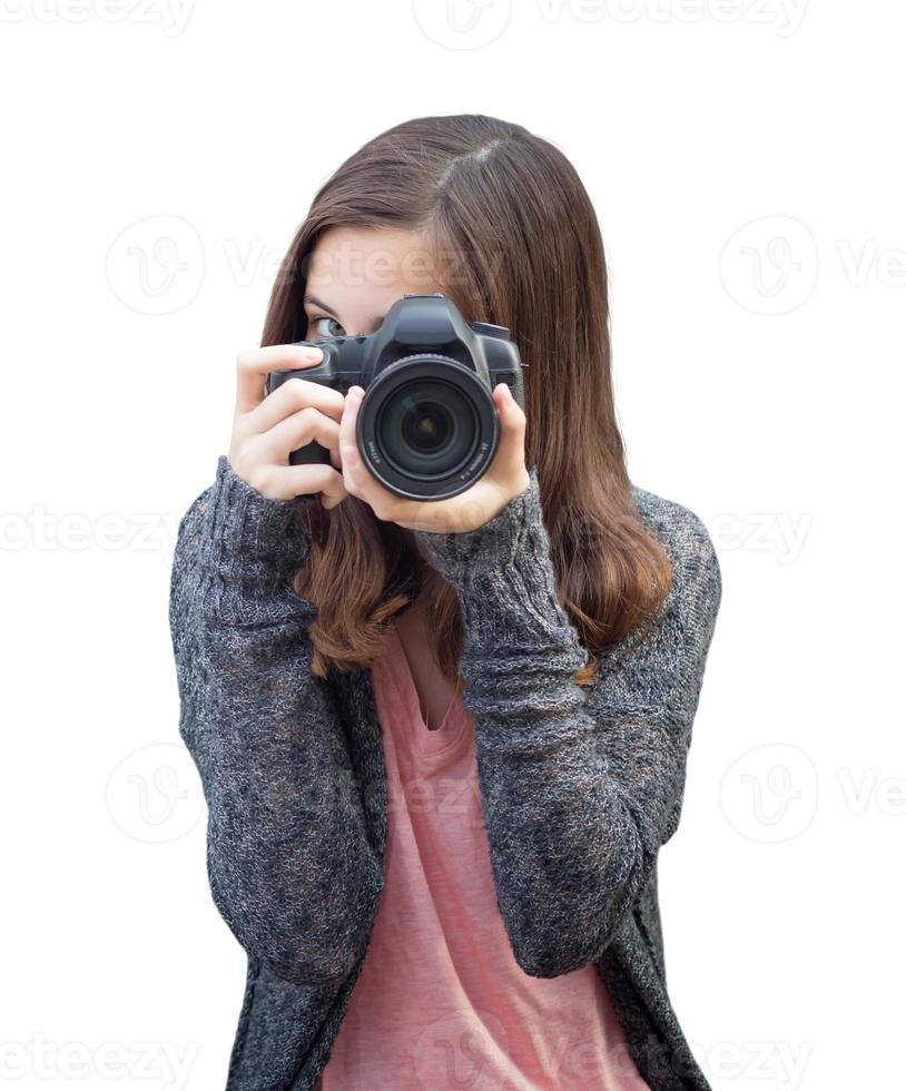 Attractive Mixed Race Young woman With DSLR Camera on White photo
