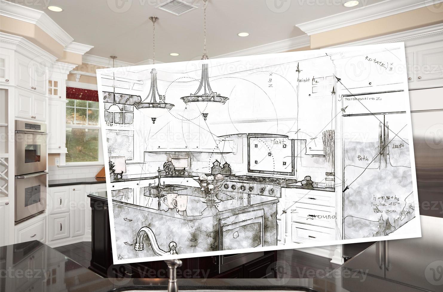 Beautiful Custom Kitchen Design Drawing On Paper Over Finished Photograph photo