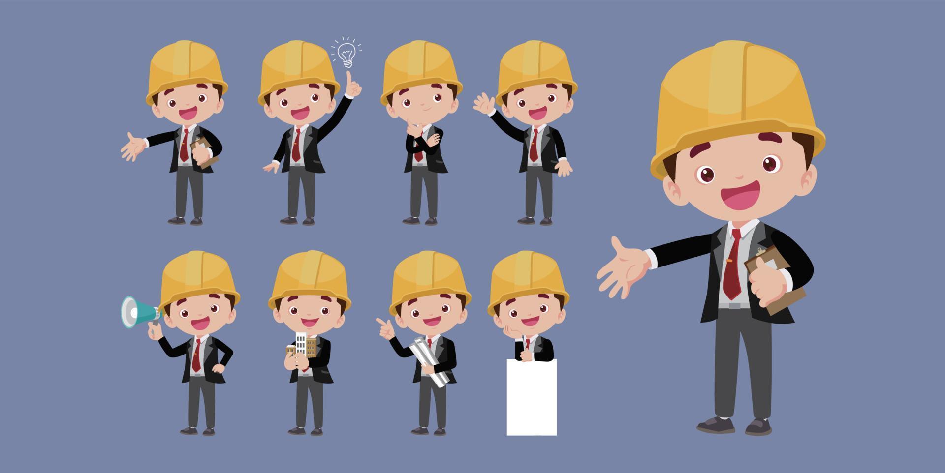 Set of flat engineer with different poses vector