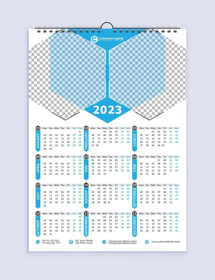 diseño de calendario de pared de una página, calendario 2023, calendario de una sola página, diseño de calendario de 12 meses, listo para imprimir, tamaño a3. vector