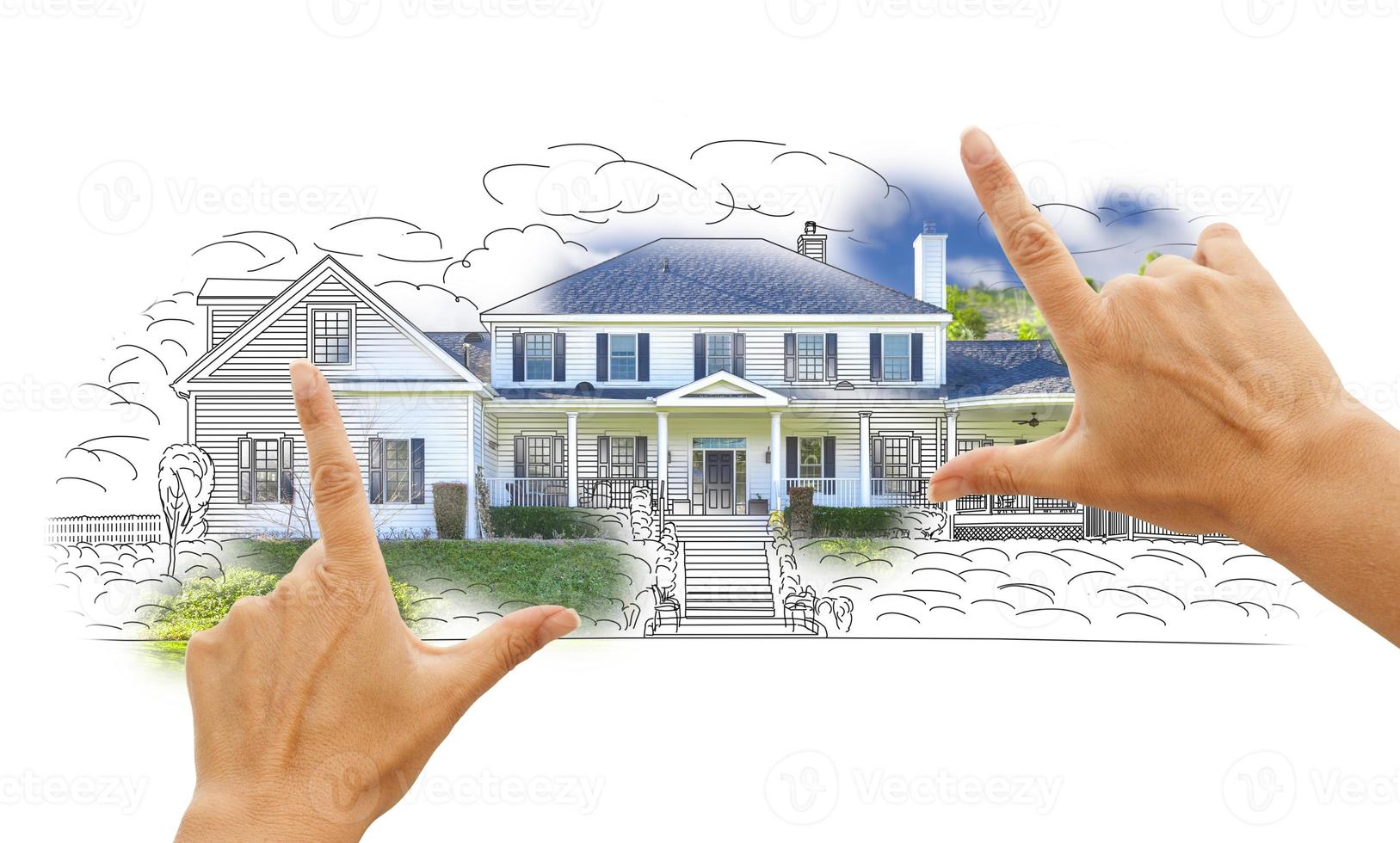 Hands Framing House Drawing and Photo on White