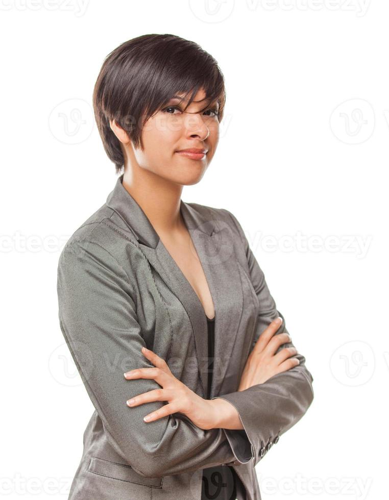 Pretty Biracial Girl Isolated Against White Background. photo