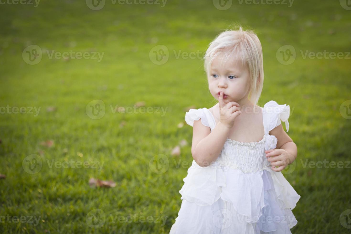 Adorable Little Girl Wearing White Dress In A Grass Field photo