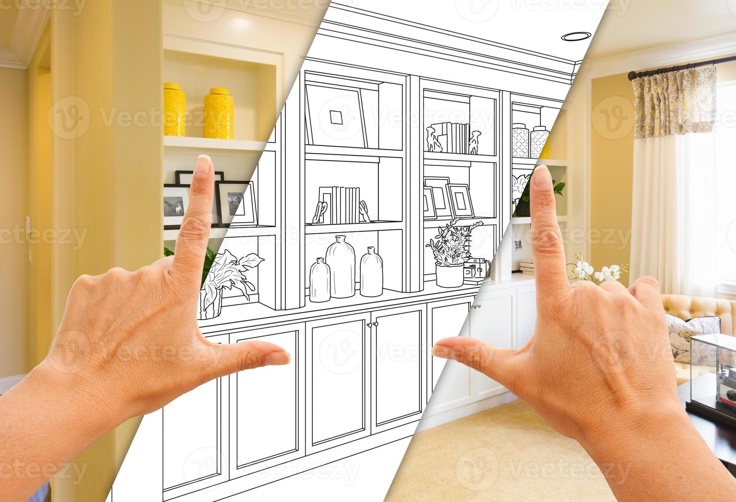 Hands Framing Custom Built-in Shelves and Cabinets Design Drawing with Section of Finished Photo. photo