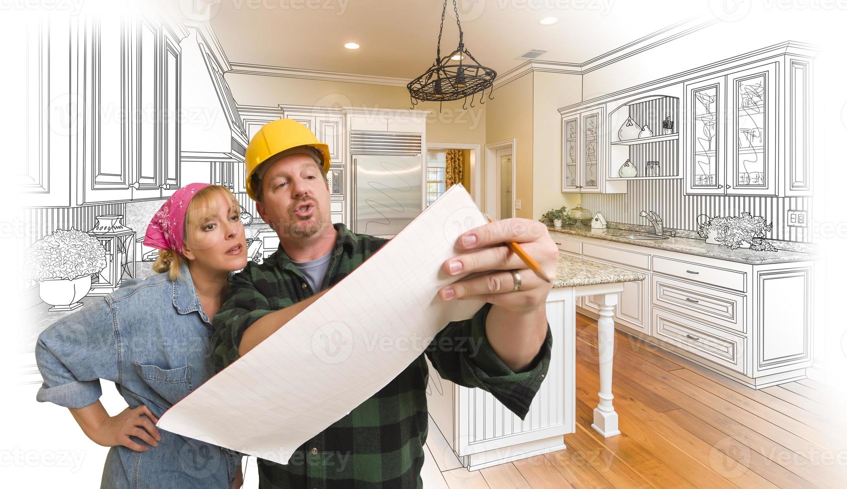Contractor Discussing Plans with Woman, Kitchen Drawing Photo Behind