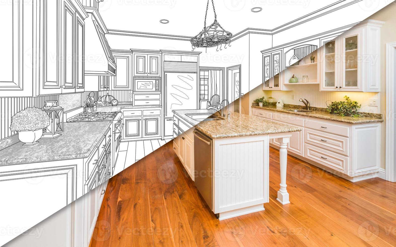 Diagonal Split Screen Of Drawing and Photo of New Kitchen