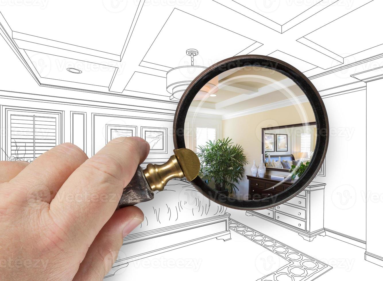 Hand Holding Magnifying Glass Revealing Custom Bedroom Design Drawing and Photo Combination