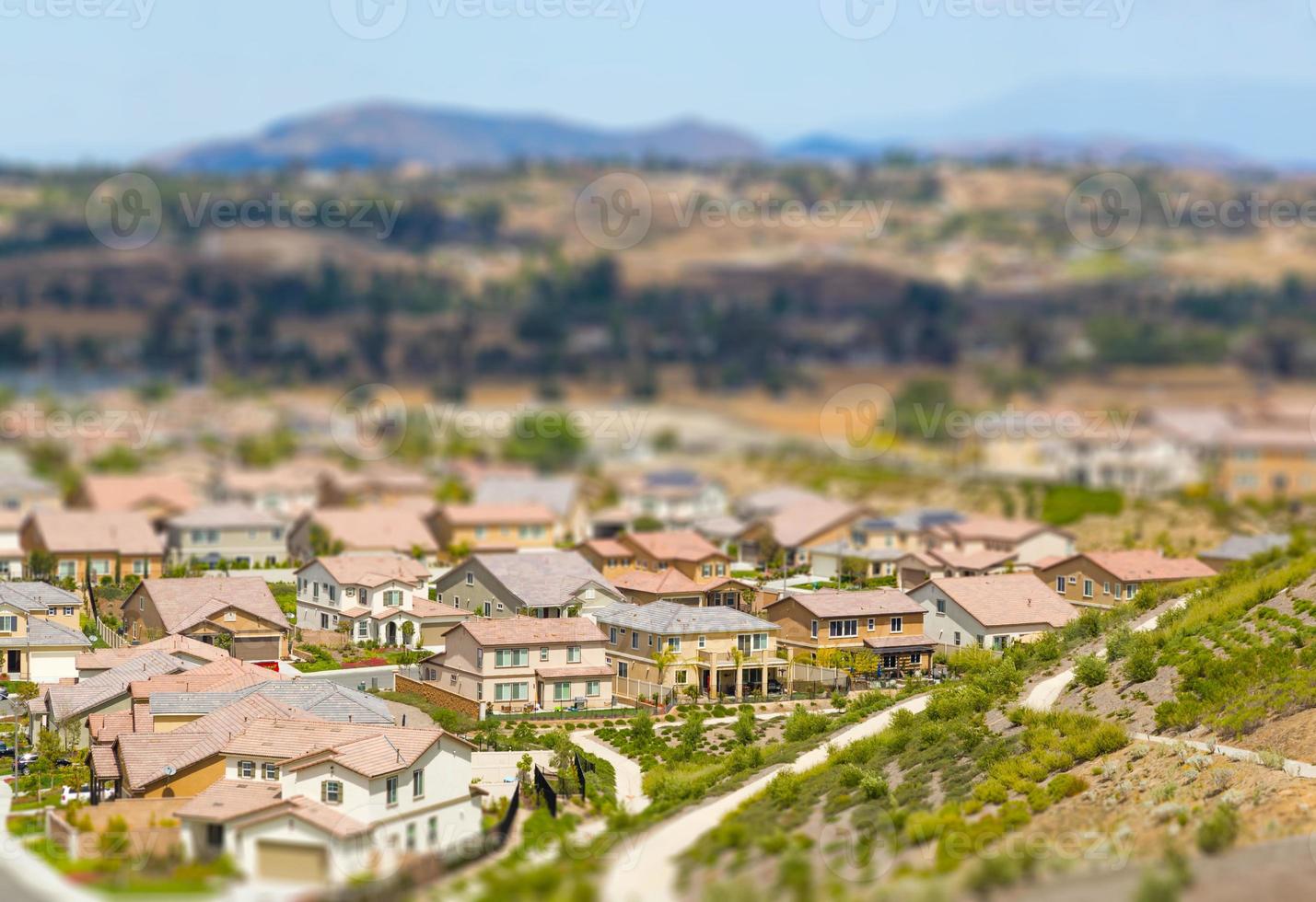 Aerial View of Populated Neigborhood Of Houses With Tilt-Shift Blur photo