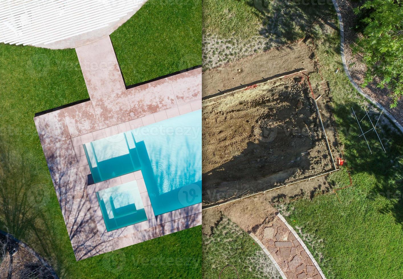 Aerial of Before and After Pool Build Construction Site photo