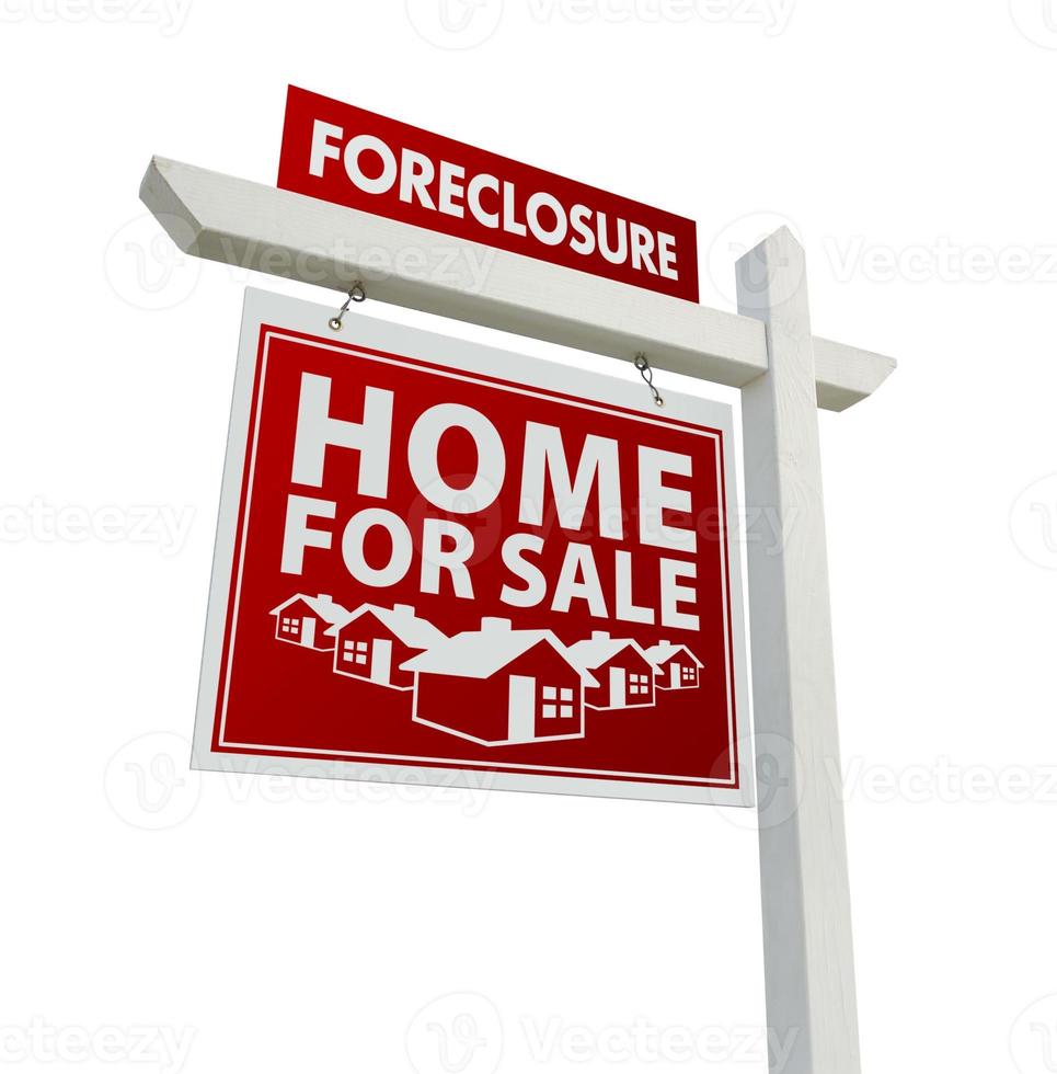 Red Foreclosure Home For Sale Real Estate Sign on White photo