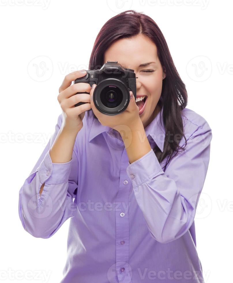 Attractive Mixed Race Young woman With DSLR Camera on White photo