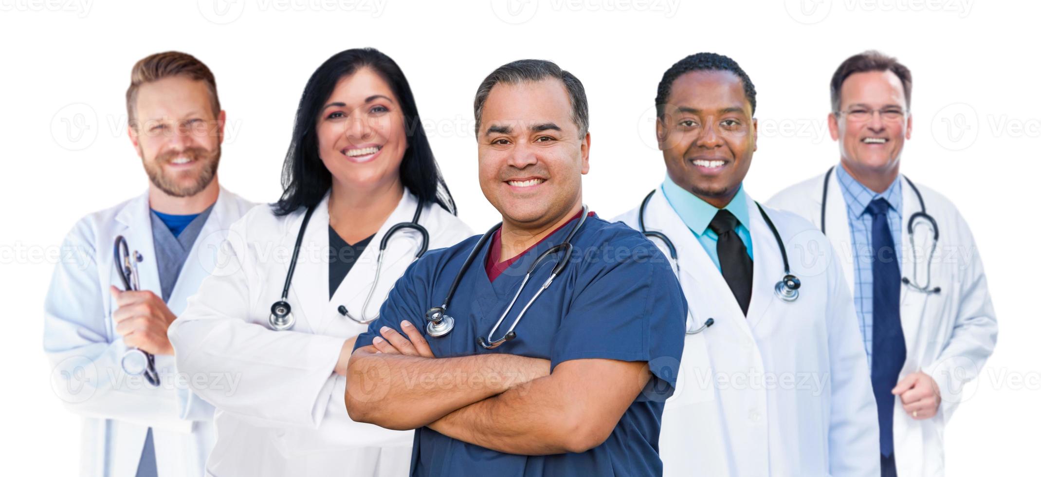 Group of Mixed Race Female and Male Doctors Isolated on White photo