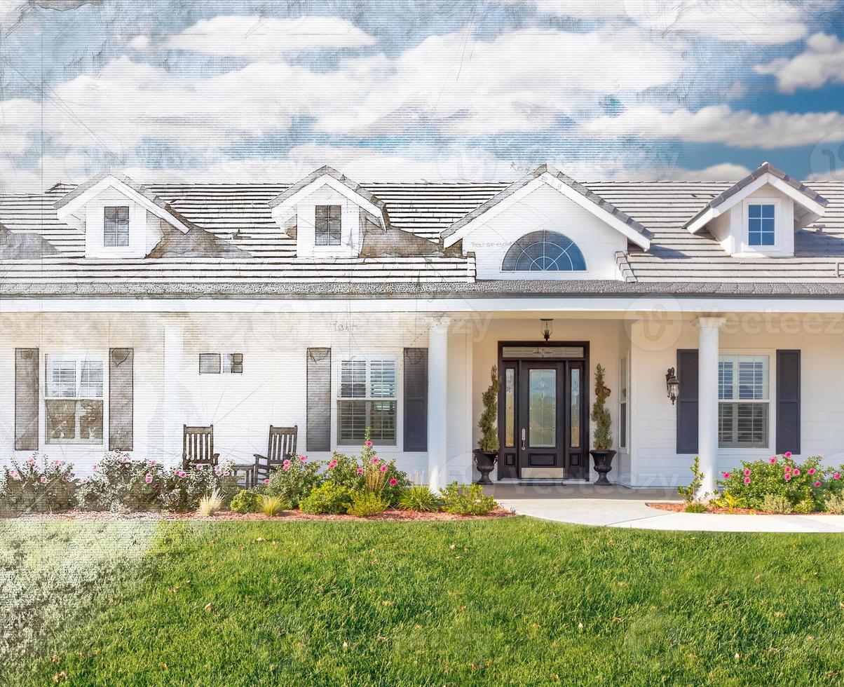 Artist Rendering Drawing of Beautiful House Facade with Cross Section of Photographic Completed Home photo