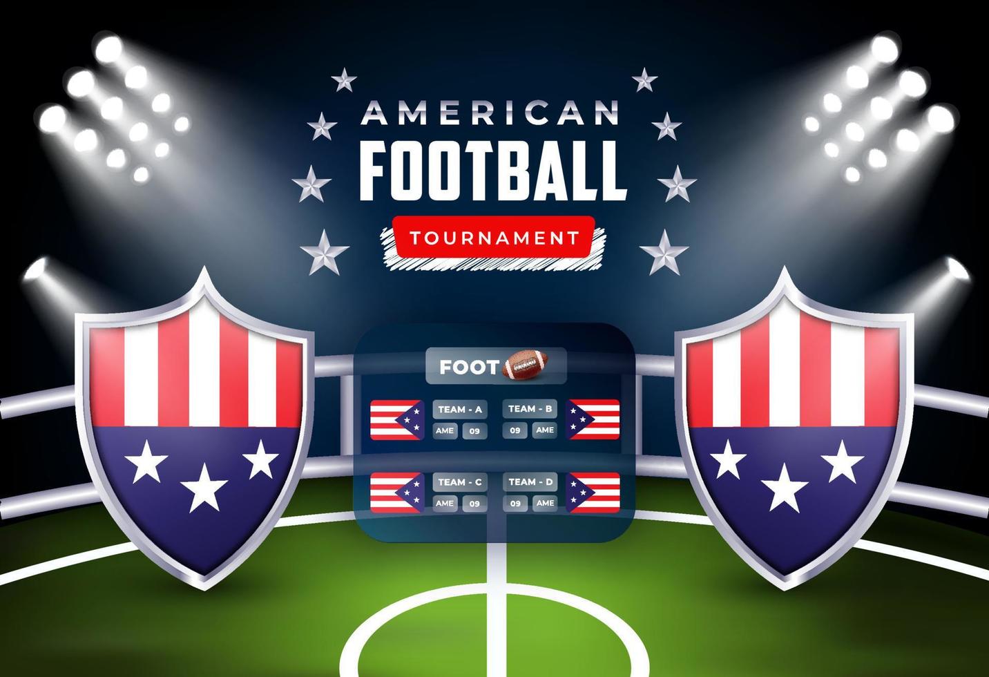 Campeonato de fútbol americano con competición por equipos y marcador sobre fondo de campo verde. fondo del estadio de la liga de fútbol. escudo brillante del torneo de fútbol con bandera americana y color plateado. vector