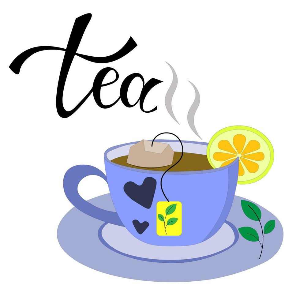 handwritten TEA, calligraphy with black brush, inscription. blue mug of tea with teabag inside and label, sprig of mint lies on the saucer. Vector top drawing.
