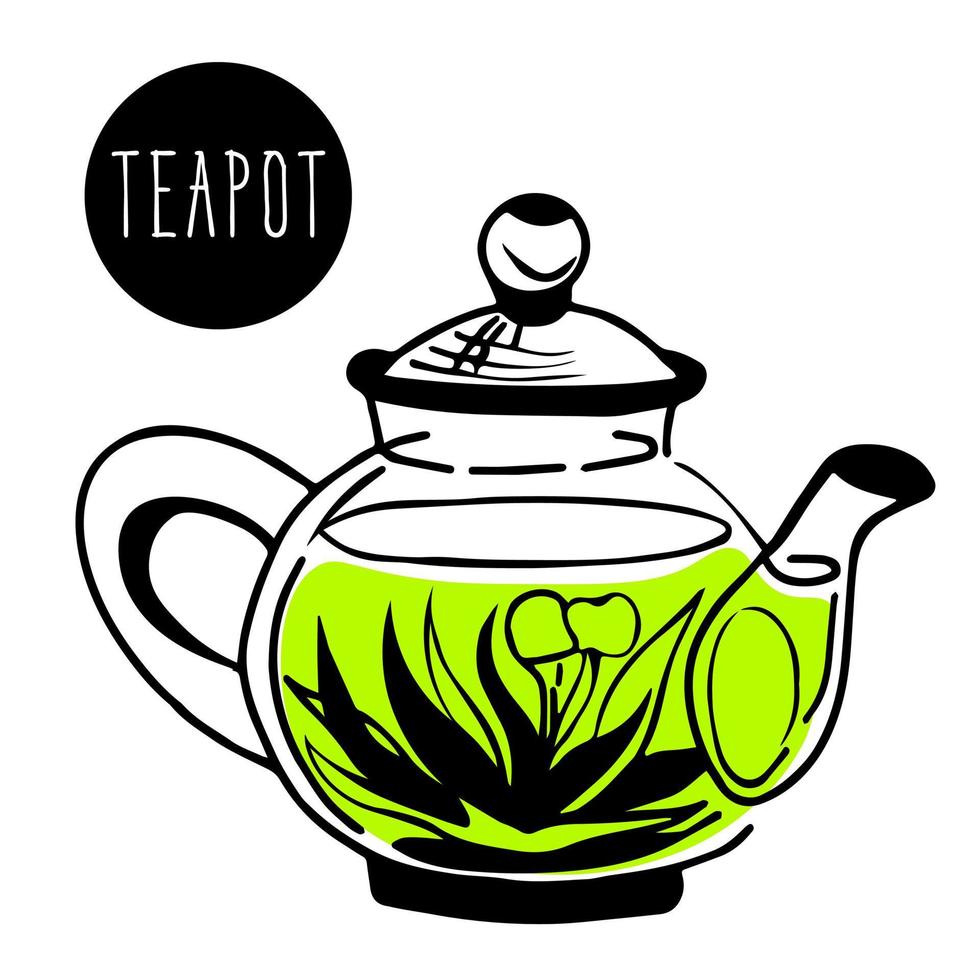 té verde recién hecho en tetera transparente, tetera, para la ceremonia del té en casa, hora del té. bebida caliente. Utensilios de cocina, utensilios domésticos, vasos de cerámica o cristalería. vector